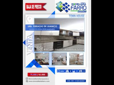 SE VENDE TOWN HOUSE URB TERRAZAS DE JUANICO MATURIN VE01-1312ZE-MAMOT, 264 mt2, 4 habitaciones